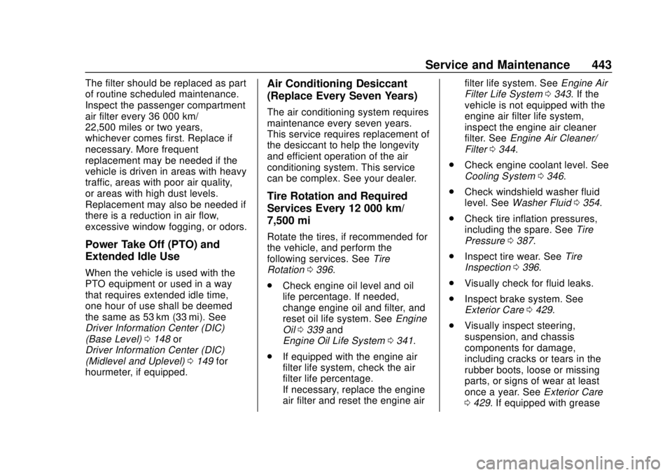 GMC SIERRA 2020 Owners Manual GMC Sierra/Sierra Denali Owner Manual (GMNA-Localizing-U.S./Canada/
Mexico-13337776) - 2020 - CRC - 4/4/19
Service and Maintenance 443
The filter should be replaced as part
of routine scheduled mainte GMC SIERRA 2020 Owners Manual GMC Sierra/Sierra Denali Owner Manual (GMNA-Localizing-U.S./Canada/
Mexico-13337776) - 2020 - CRC - 4/4/19
Service and Maintenance 443
The filter should be replaced as part
of routine scheduled mainte