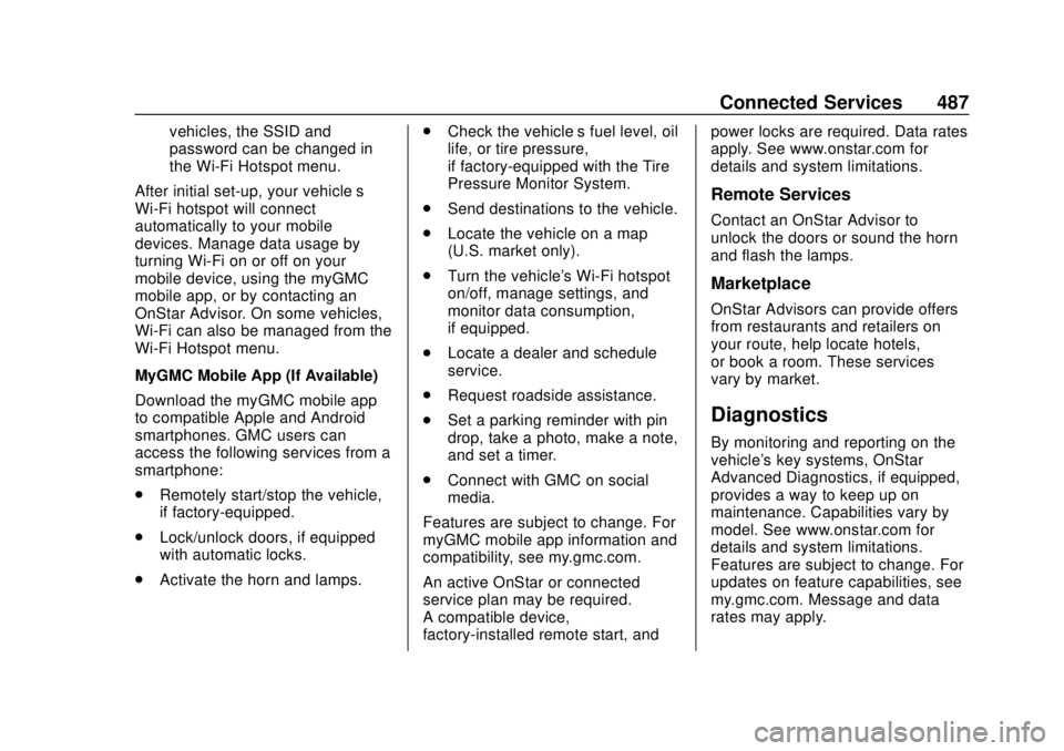 GMC SIERRA 2020  Owners Manual GMC Sierra/Sierra Denali Owner Manual (GMNA-Localizing-U.S./Canada/
Mexico-13337776) - 2020 - CRC - 4/4/19
Connected Services 487
vehicles, the SSID and
password can be changed in
the Wi-Fi Hotspot me