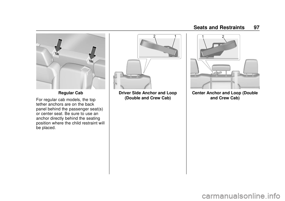 GMC SIERRA 2020 Owners Manual GMC Sierra/Sierra Denali Owner Manual (GMNA-Localizing-U.S./Canada/
Mexico-13337776) - 2020 - CRC - 4/4/19
Seats and Restraints 97
Regular Cab
For regular cab models, the top
tether anchors are on the