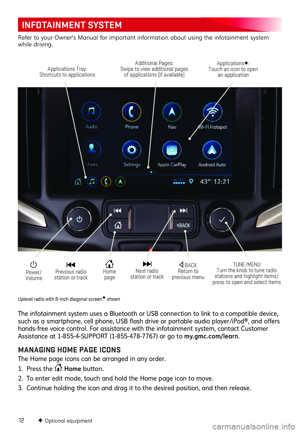 GMC TERRAIN 2020 Get To Know Guide 12
INFOTAINMENT SYSTEM
F Optional equipment
Uplevel radio with 8-inch diagonal screenF shown
The infotainment system uses a Bluetooth or USB connection to link to a compatible device, such as a smartp GMC TERRAIN 2020 Get To Know Guide 12
INFOTAINMENT SYSTEM
F Optional equipment
Uplevel radio with 8-inch diagonal screenF shown
The infotainment system uses a Bluetooth or USB connection to link to a compatible device, such as a smartp
