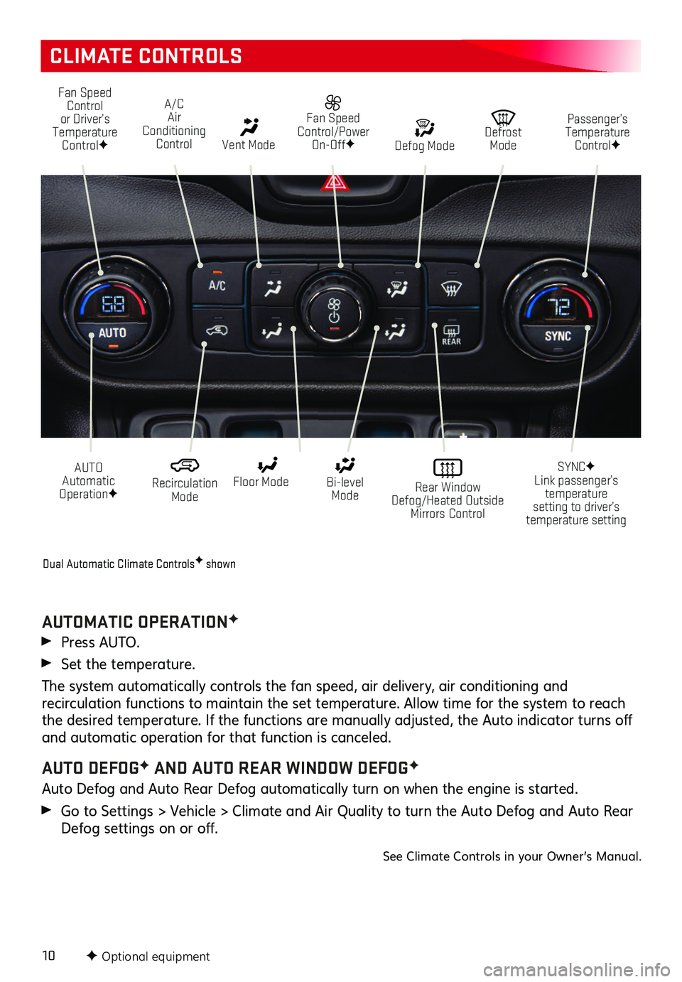 GMC TERRAIN 2020  Get To Know Guide 10
CLIMATE CONTROLS
F Optional equipment
Fan Speed Control or Driver’s Temperature ControlF
A/C Air Conditioning Control   Vent Mode
 Fan Speed Control/Power On-OffF
AUTO  Automatic OperationF
  Rec