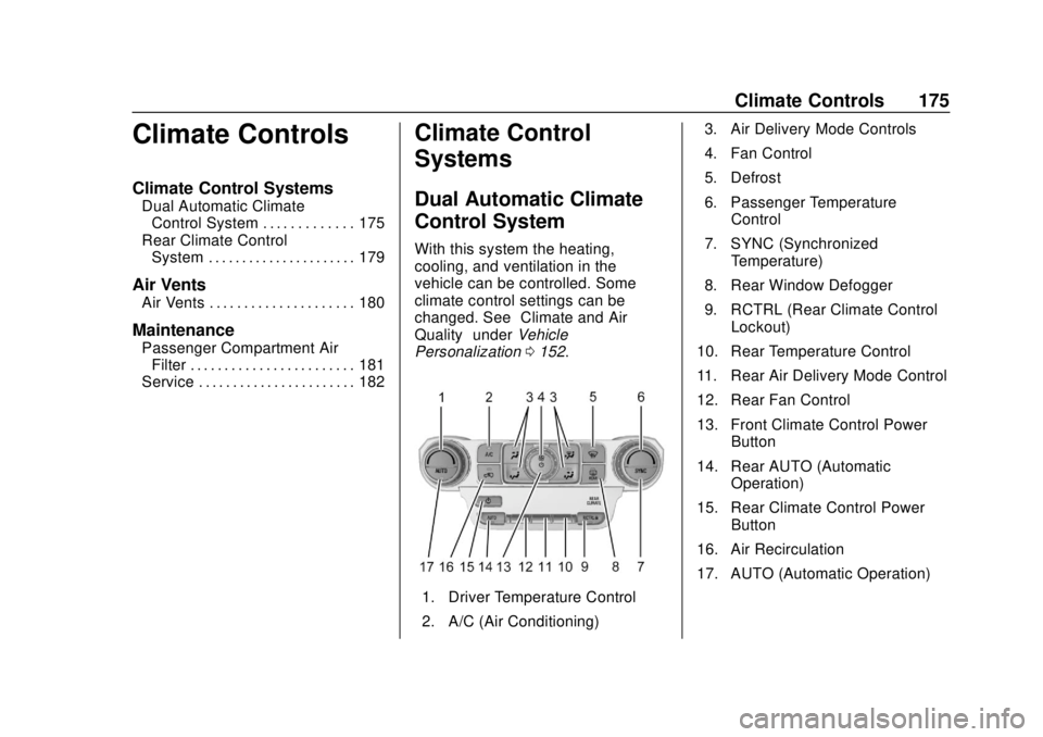 GMC YUKON 2020  Owners Manual GMC Yukon/Yukon XL/Denali Owner Manual (GMNA-Localizing-U.S./
Canada/Mexico-13566587) - 2020 - CRC - 4/15/19
Climate Controls 175
Climate Controls
Climate Control Systems
Dual Automatic ClimateControl