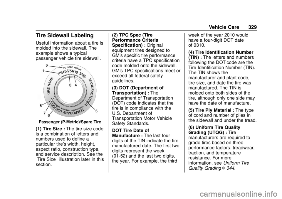 GMC YUKON 2020  Owners Manual GMC Yukon/Yukon XL/Denali Owner Manual (GMNA-Localizing-U.S./
Canada/Mexico-13566587) - 2020 - CRC - 4/15/19
Vehicle Care 329
Tire Sidewall Labeling
Useful information about a tire is
molded into the 