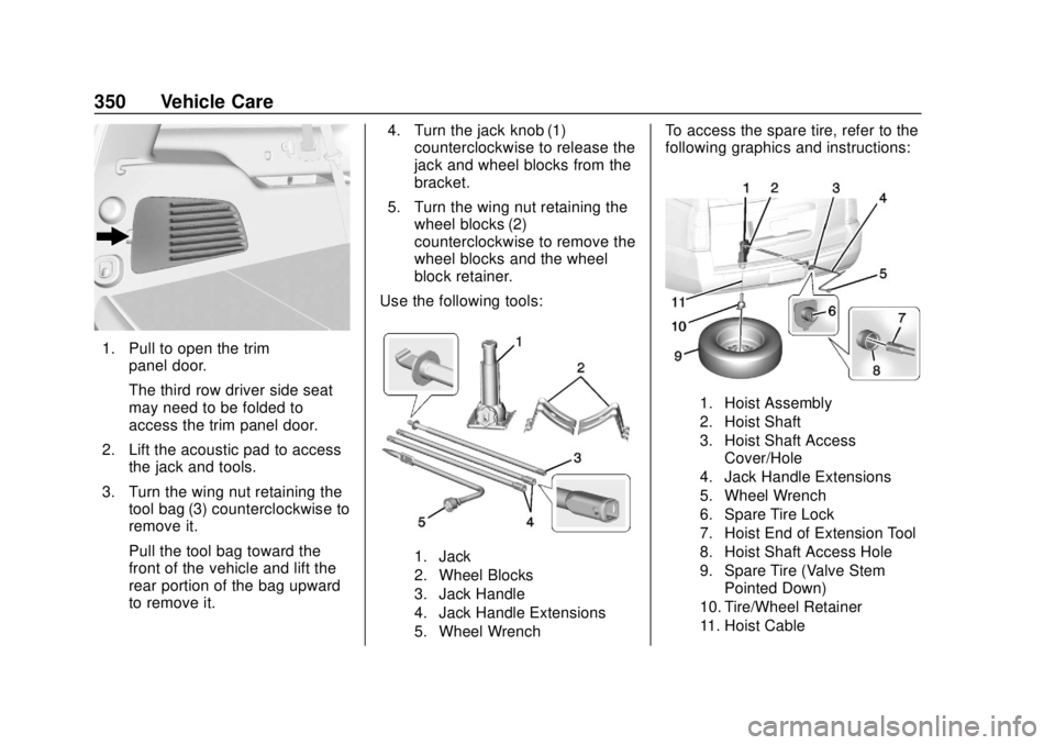GMC YUKON 2020 Owners Manual GMC Yukon/Yukon XL/Denali Owner Manual (GMNA-Localizing-U.S./
Canada/Mexico-13566587) - 2020 - CRC - 4/15/19
350 Vehicle Care
1. Pull to open the trimpanel door.
The third row driver side seat
may nee GMC YUKON 2020 Owners Manual GMC Yukon/Yukon XL/Denali Owner Manual (GMNA-Localizing-U.S./
Canada/Mexico-13566587) - 2020 - CRC - 4/15/19
350 Vehicle Care
1. Pull to open the trimpanel door.
The third row driver side seat
may nee