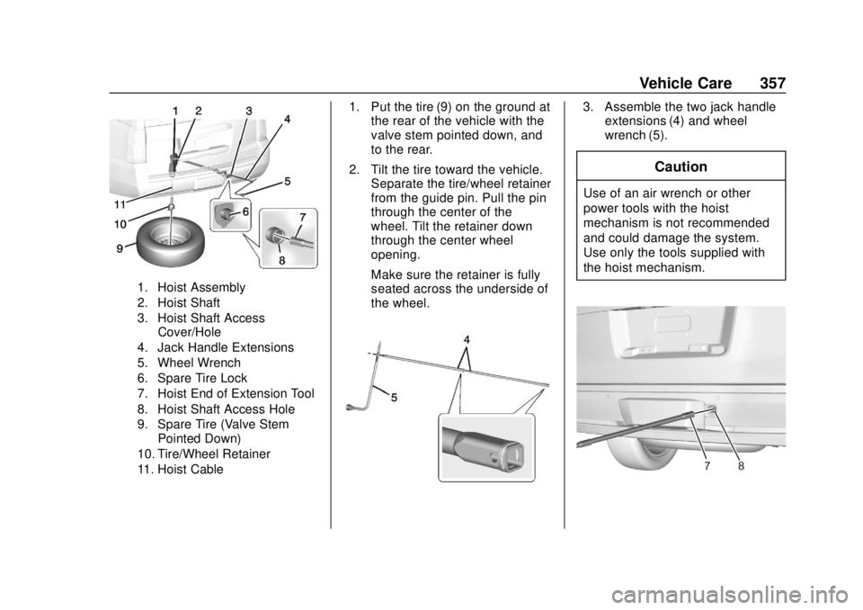 GMC YUKON 2020 Owners Manual GMC Yukon/Yukon XL/Denali Owner Manual (GMNA-Localizing-U.S./
Canada/Mexico-13566587) - 2020 - CRC - 4/15/19
Vehicle Care 357
1. Hoist Assembly
2. Hoist Shaft
3. Hoist Shaft AccessCover/Hole
4. Jack H GMC YUKON 2020 Owners Manual GMC Yukon/Yukon XL/Denali Owner Manual (GMNA-Localizing-U.S./
Canada/Mexico-13566587) - 2020 - CRC - 4/15/19
Vehicle Care 357
1. Hoist Assembly
2. Hoist Shaft
3. Hoist Shaft AccessCover/Hole
4. Jack H