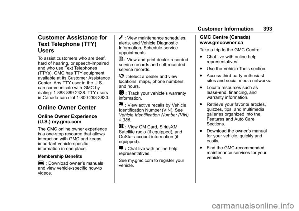GMC ACADIA 2019 Owners Guide GMC Acadia/Acadia Denali Owner Manual (GMNA-Localizing-U.S./Canada/
Mexico-12146149) - 2019 - crc - 7/30/18
Customer Information 393
Customer Assistance for
Text Telephone (TTY)
Users
To assist custom