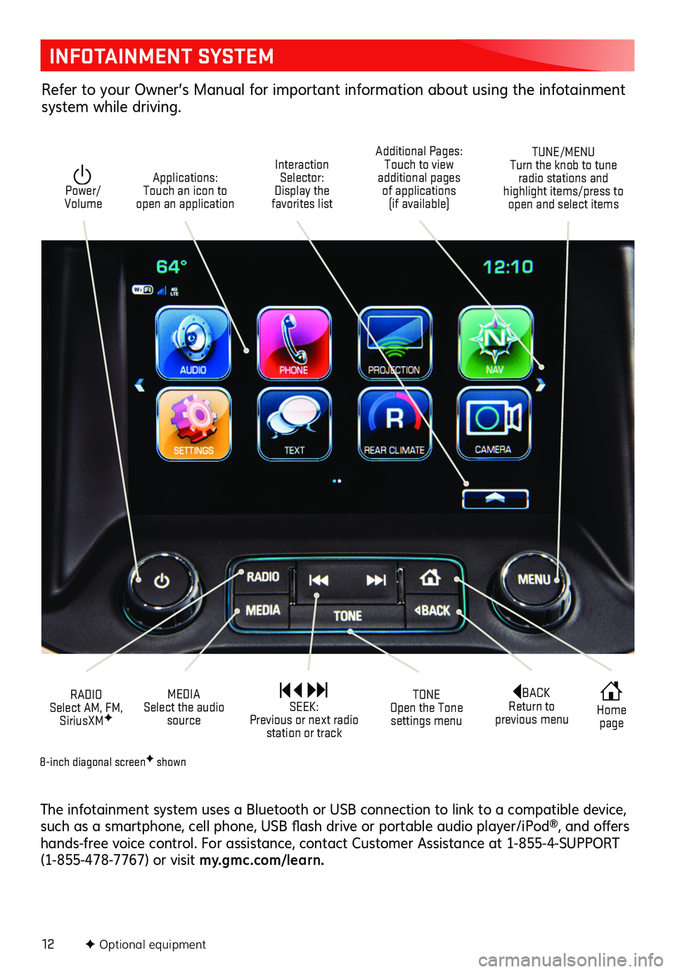 GMC ACADIA 2019 Get To Know Guide 12
INFOTAINMENT SYSTEM
F Optional equipment
Interaction Selector: Display the favorites list
TUNE/MENU Turn the knob to tune radio stations and highlight items/press to open and select items
Applic GMC ACADIA 2019 Get To Know Guide 12
INFOTAINMENT SYSTEM
F Optional equipment
Interaction Selector: Display the favorites list
TUNE/MENU Turn the knob to tune radio stations and highlight items/press to open and select items
Applic