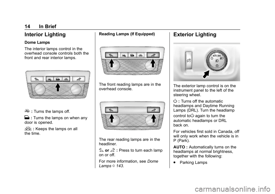 GMC CANYON 2019 User Guide GMC Canyon/Canyon Denali Owner Manual (GMNA-Localizing-U.S./Canada-
12461766) - 2019 - crc - 10/2/18
14 In Brief
Interior Lighting
Dome Lamps
The interior lamps control in the
overhead console control