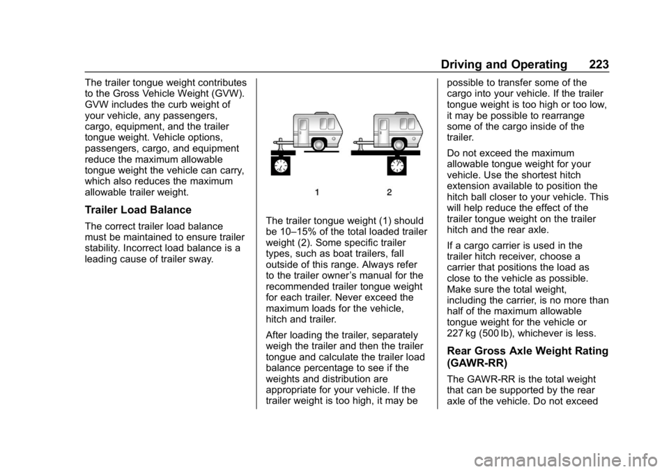 GMC CANYON 2019  Owners Manual GMC Canyon/Canyon Denali Owner Manual (GMNA-Localizing-U.S./Canada-
12461766) - 2019 - crc - 10/2/18
Driving and Operating 223
The trailer tongue weight contributes
to the Gross Vehicle Weight (GVW).
