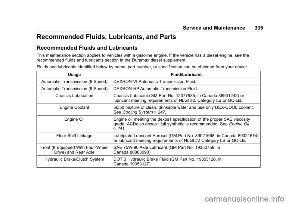 GMC CANYON 2019  Owners Manual GMC Canyon/Canyon Denali Owner Manual (GMNA-Localizing-U.S./Canada-
12461766) - 2019 - crc - 10/2/18
Service and Maintenance 335
Recommended Fluids, Lubricants, and Parts
Recommended Fluids and Lubric