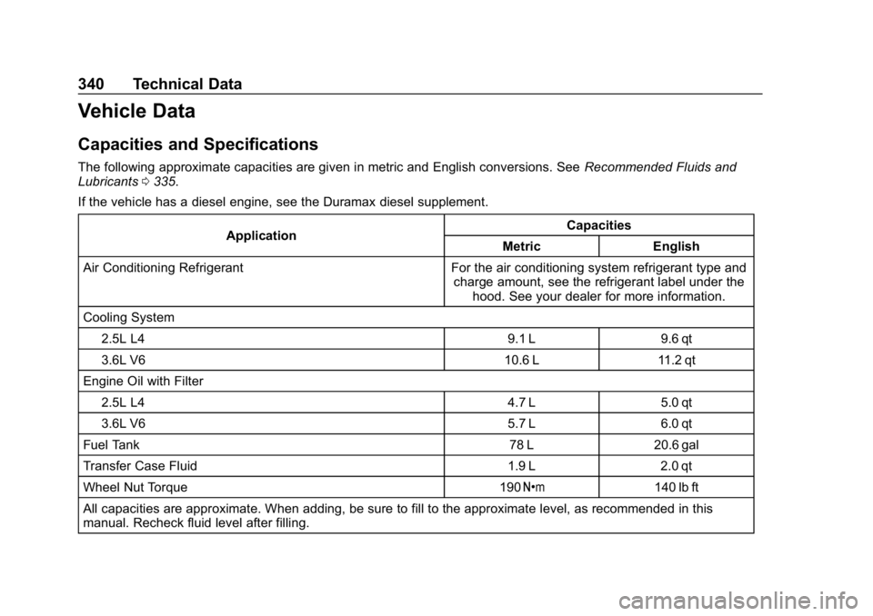 GMC CANYON 2019  Owners Manual GMC Canyon/Canyon Denali Owner Manual (GMNA-Localizing-U.S./Canada-
12461766) - 2019 - crc - 10/2/18
340 Technical Data
Vehicle Data
Capacities and Specifications
The following approximate capacities 