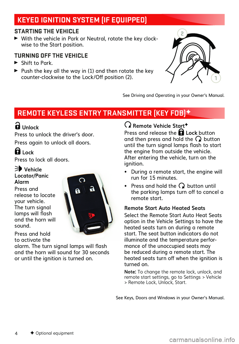GMC CANYON 2019  Get To Know Guide 4
REMOTE KEYLESS ENTRY TRANSMITTER (KEY FOB)F
F Optional equipment
 Unlock
Press to unlock the driver’s door. 
Press again to unlock all doors.
 Lock 
Press to lock all doors. 
 Vehicle Locator/Pani