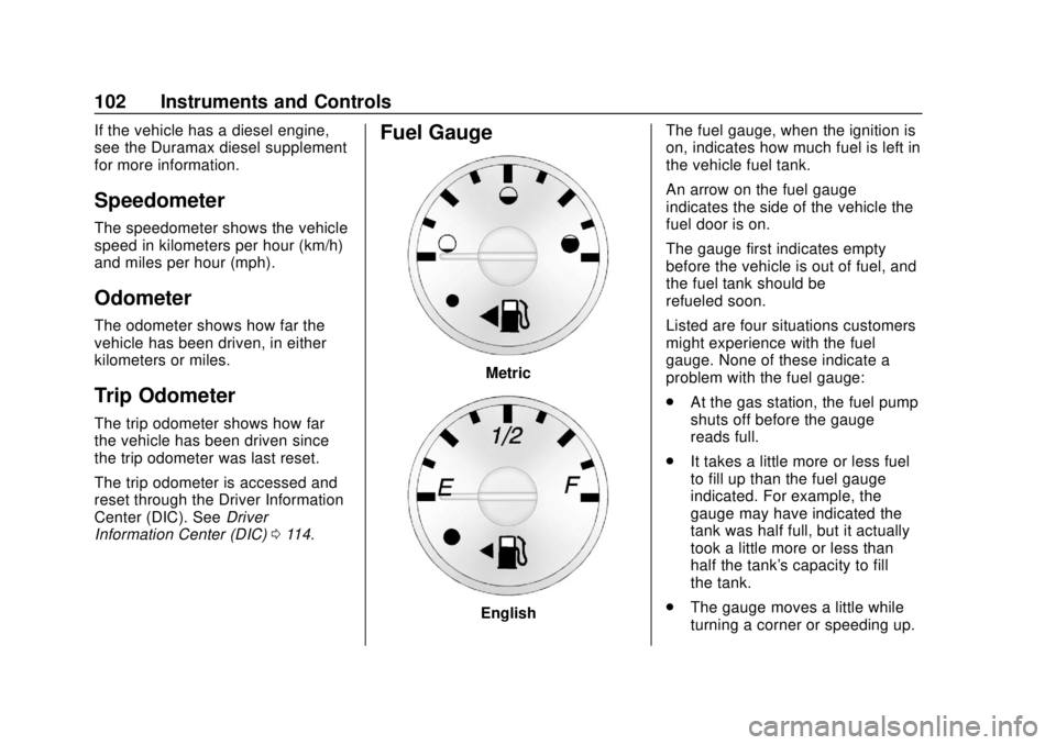 GMC SAVANA 2019  Owners Manual GMC Savana Owner Manual (GMNA-Localizing-U.S./Canada-12146167) -
2019 - CRC - 11/26/18
102 Instruments and Controls
If the vehicle has a diesel engine,
see the Duramax diesel supplement
for more infor