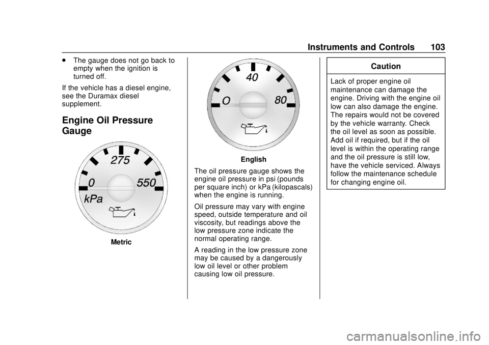 GMC SAVANA 2019 Owners Manual GMC Savana Owner Manual (GMNA-Localizing-U.S./Canada-12146167) -
2019 - CRC - 11/26/18
Instruments and Controls 103
.The gauge does not go back to
empty when the ignition is
turned off.
If the vehicle GMC SAVANA 2019 Owners Manual GMC Savana Owner Manual (GMNA-Localizing-U.S./Canada-12146167) -
2019 - CRC - 11/26/18
Instruments and Controls 103
.The gauge does not go back to
empty when the ignition is
turned off.
If the vehicle