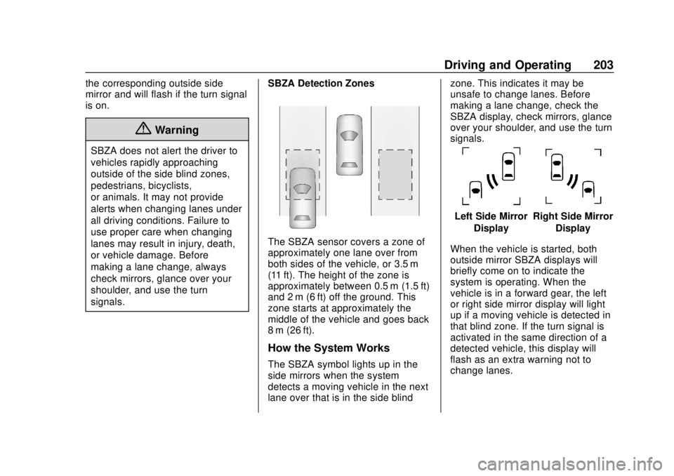 GMC SAVANA 2019  Owners Manual GMC Savana Owner Manual (GMNA-Localizing-U.S./Canada-12146167) -
2019 - CRC - 11/26/18
Driving and Operating 203
the corresponding outside side
mirror and will flash if the turn signal
is on.
{Warning