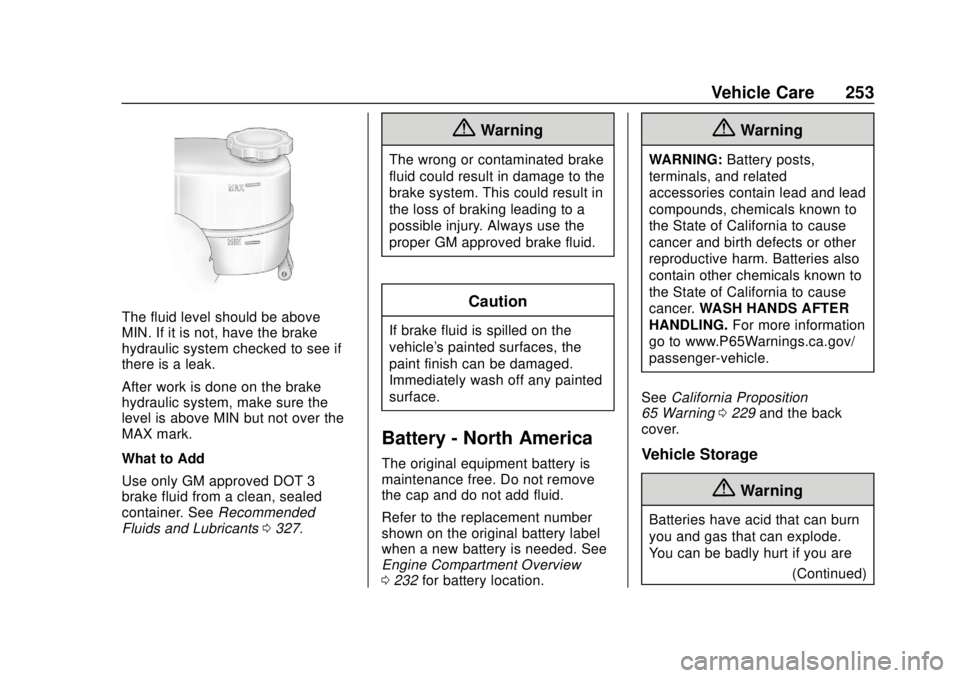 GMC SAVANA 2019 Owners Manual GMC Savana Owner Manual (GMNA-Localizing-U.S./Canada-12146167) -
2019 - CRC - 11/26/18
Vehicle Care 253
The fluid level should be above
MIN. If it is not, have the brake
hydraulic system checked to se GMC SAVANA 2019 Owners Manual GMC Savana Owner Manual (GMNA-Localizing-U.S./Canada-12146167) -
2019 - CRC - 11/26/18
Vehicle Care 253
The fluid level should be above
MIN. If it is not, have the brake
hydraulic system checked to se