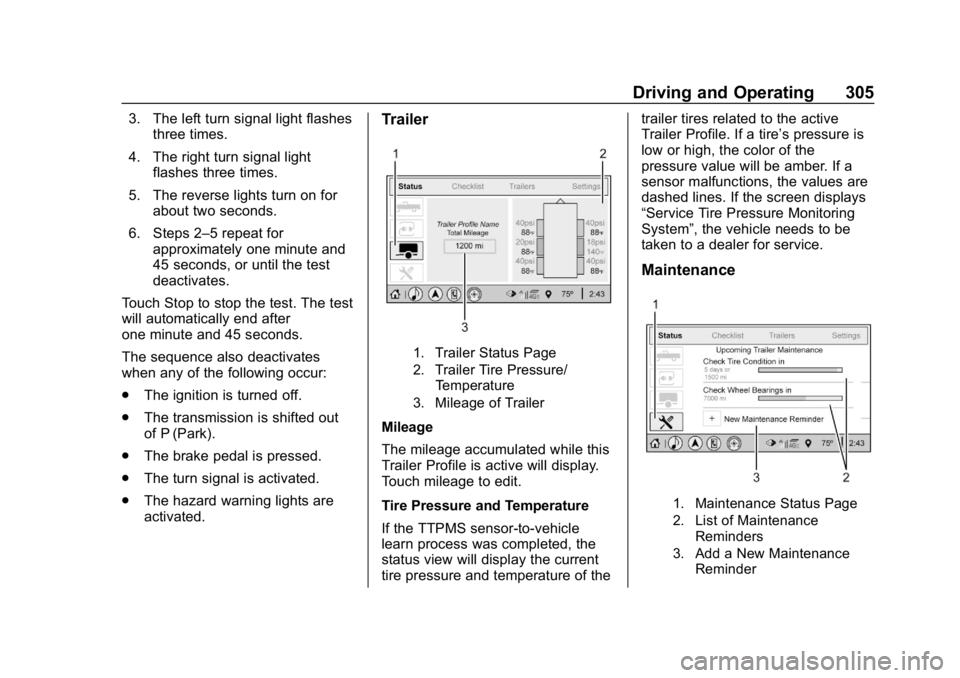 GMC SIERRA 2019  Owners Manual GMC Sierra/Sierra Denali Owner Manual (GMNA-Localizing-U.S./Canada/
Mexico-1500-11698638) - 2019 - CRC - 5/14/19
Driving and Operating 305
3. The left turn signal light flashesthree times.
4. The righ