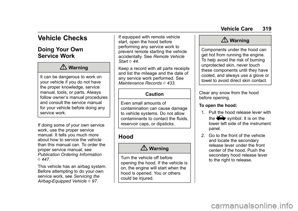 GMC SIERRA 2019  Owners Manual GMC Sierra/Sierra Denali Owner Manual (GMNA-Localizing-U.S./Canada/
Mexico-1500-11698638) - 2019 - CRC - 5/14/19
Vehicle Care 319
Vehicle Checks
Doing Your Own
Service Work
{Warning
It can be dangerou