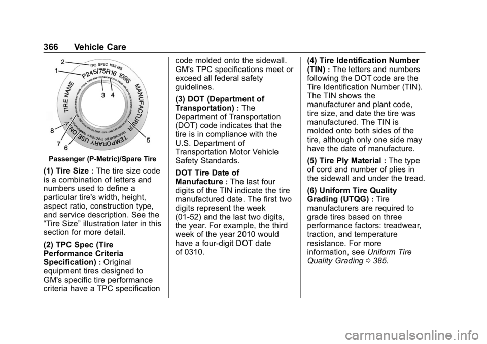 GMC SIERRA 2019 Owners Manual GMC Sierra/Sierra Denali Owner Manual (GMNA-Localizing-U.S./Canada/
Mexico-1500-11698638) - 2019 - CRC - 5/14/19
366 Vehicle Care
Passenger (P-Metric)/Spare Tire
(1) Tire Size:The tire size code
is a GMC SIERRA 2019 Owners Manual GMC Sierra/Sierra Denali Owner Manual (GMNA-Localizing-U.S./Canada/
Mexico-1500-11698638) - 2019 - CRC - 5/14/19
366 Vehicle Care
Passenger (P-Metric)/Spare Tire
(1) Tire Size:The tire size code
is a