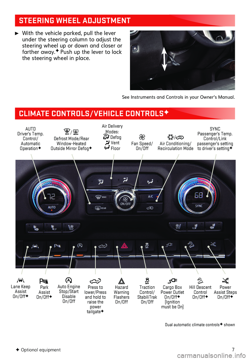 GMC SIERRA 2019  Get To Know Guide 7F Optional equipment  
STEERING WHEEL ADJUSTMENT
CLIMATE CONTROLS/VEHICLE CONTROLSF
 With the vehicle parked, pull the lever under the steering column to adjust the steering wheel up or down and clos