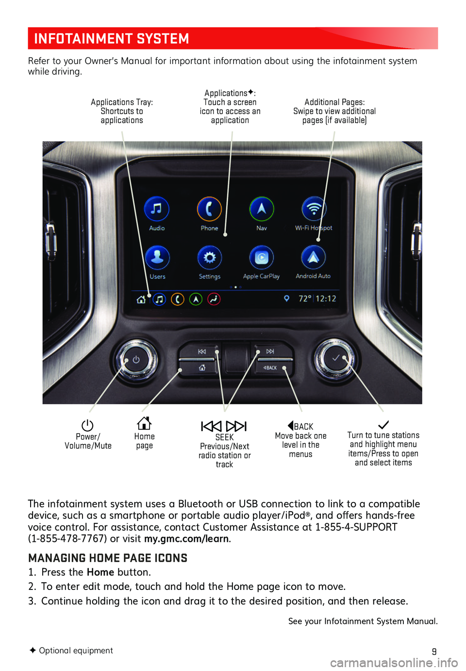GMC SIERRA 2019  Get To Know Guide 9
INFOTAINMENT SYSTEM
The infotainment system uses a Bluetooth or USB connection to link to a compatible device, such as a smartphone or portable audio player/iPod®, and offers hands-free voice contr