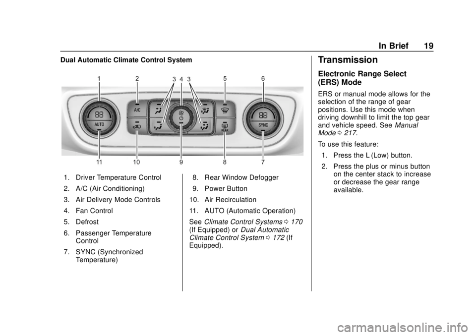 GMC TERRAIN 2019  Owners Manual GMC Terrain/Terrain Denali Owner Manual (GMNA-Localizing-U.S./Canada/
Mexico-12146071) - 2019 - crc - 7/27/18
In Brief 19
Dual Automatic Climate Control System
1. Driver Temperature Control
2. A/C (Ai