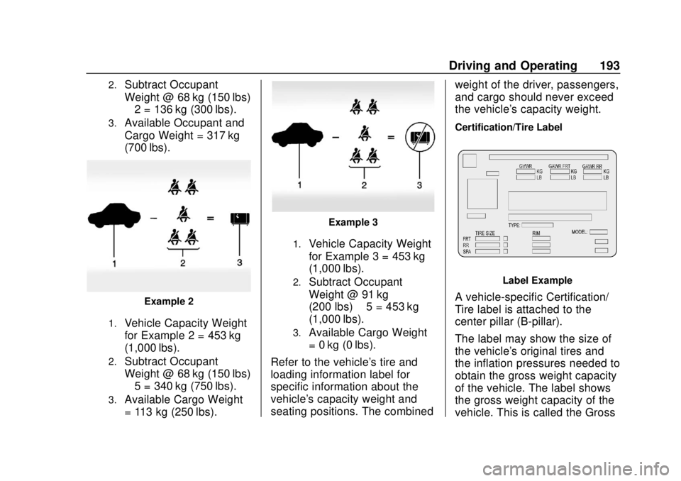 GMC TERRAIN 2019  Owners Manual GMC Terrain/Terrain Denali Owner Manual (GMNA-Localizing-U.S./Canada/
Mexico-12146071) - 2019 - crc - 7/27/18
Driving and Operating 193
2.Subtract Occupant
Weight @ 68 kg (150 lbs)
× 2 = 136 kg (300 