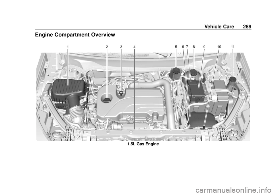 GMC TERRAIN 2019  Owners Manual GMC Terrain/Terrain Denali Owner Manual (GMNA-Localizing-U.S./Canada/
Mexico-12146071) - 2019 - crc - 7/27/18
Vehicle Care 289
Engine Compartment Overview
1.5L Gas Engine 