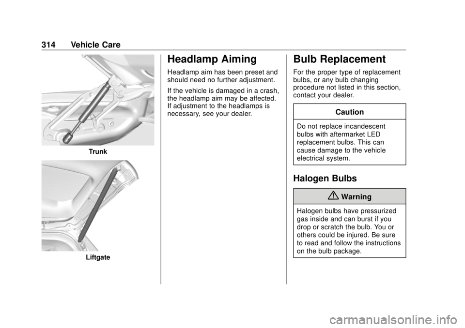 GMC TERRAIN 2019  Owners Manual GMC Terrain/Terrain Denali Owner Manual (GMNA-Localizing-U.S./Canada/
Mexico-12146071) - 2019 - crc - 7/27/18
314 Vehicle Care
Trunk
Liftgate
Headlamp Aiming
Headlamp aim has been preset and
should ne