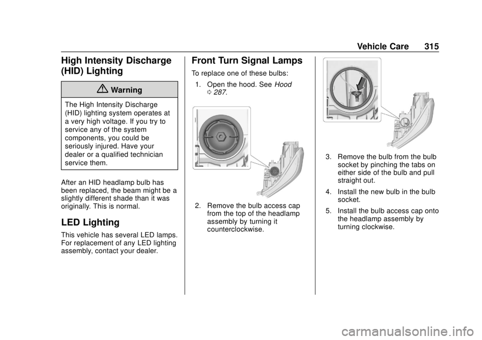 GMC TERRAIN 2019  Owners Manual GMC Terrain/Terrain Denali Owner Manual (GMNA-Localizing-U.S./Canada/
Mexico-12146071) - 2019 - crc - 7/27/18
Vehicle Care 315
High Intensity Discharge
(HID) Lighting
{Warning
The High Intensity Disch