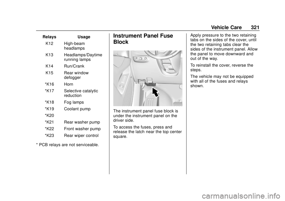 GMC TERRAIN 2019  Owners Manual GMC Terrain/Terrain Denali Owner Manual (GMNA-Localizing-U.S./Canada/
Mexico-12146071) - 2019 - crc - 7/27/18
Vehicle Care 321
RelaysUsage
K12 High-beam headlamps
K13 Headlamps/Daytime running lamps
K