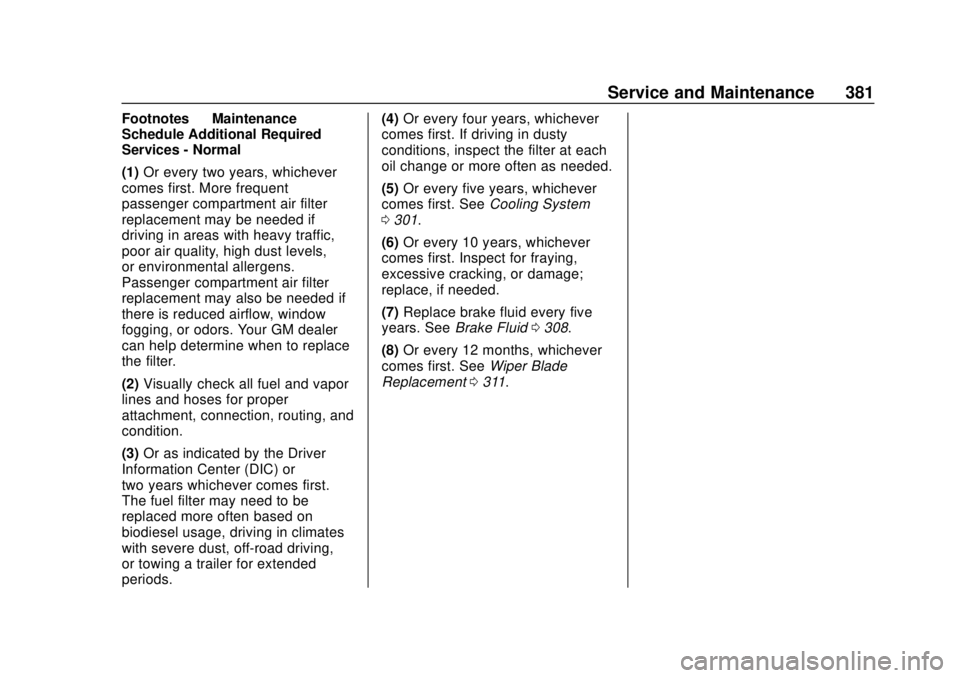 GMC TERRAIN 2019 Owners Manual GMC Terrain/Terrain Denali Owner Manual (GMNA-Localizing-U.S./Canada/
Mexico-12146071) - 2019 - crc - 7/27/18
Service and Maintenance 381
Footnotes—Maintenance
Schedule Additional Required
Services 