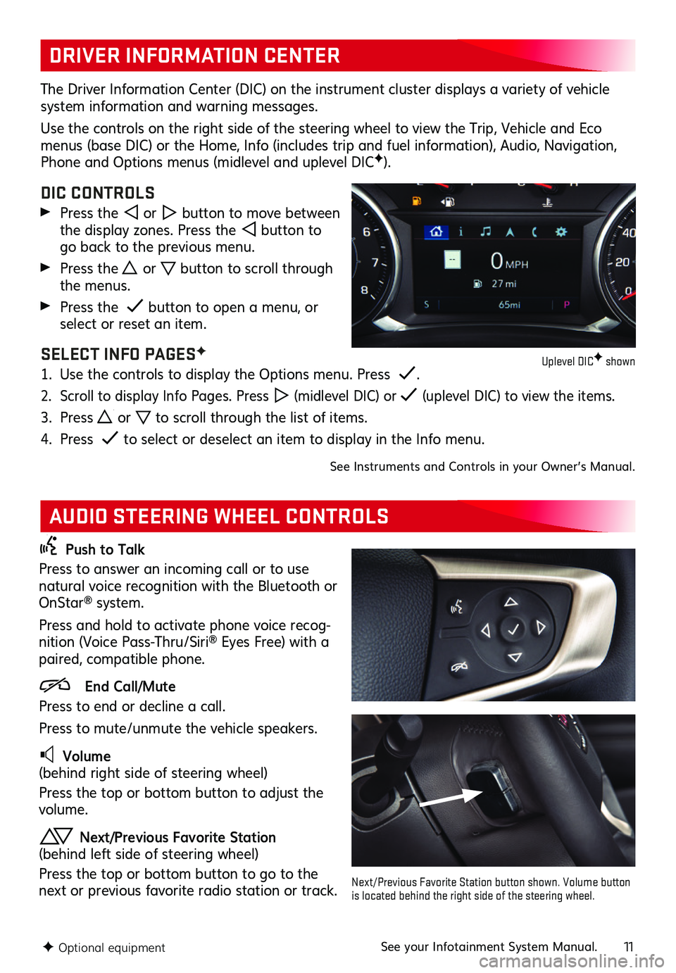 GMC TERRAIN 2019 Get To Know Guide 11
DRIVER INFORMATION CENTER
AUDIO STEERING WHEEL CONTROLS
The Driver Information Center (DIC) on the instrument cluster displays a variety of vehicle system information and warning messages .
Use th GMC TERRAIN 2019 Get To Know Guide 11
DRIVER INFORMATION CENTER
AUDIO STEERING WHEEL CONTROLS
The Driver Information Center (DIC) on the instrument cluster displays a variety of vehicle system information and warning messages .
Use th