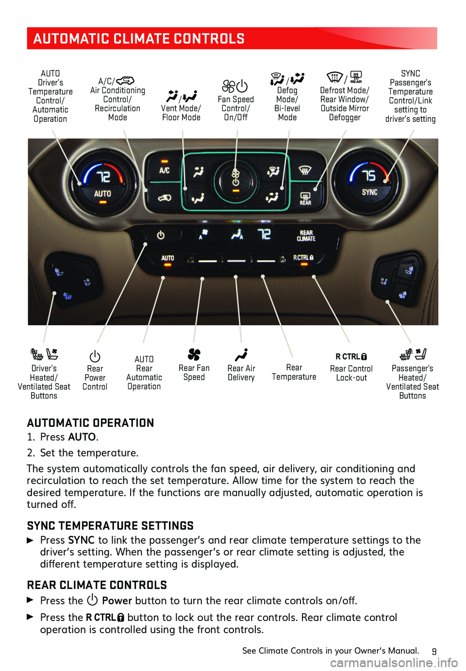 GMC YUKON XL 2019  Get To Know Guide 9
AUTOMATIC CLIMATE CONTROLS
AUTOMATIC OPERATION
1. Press AUTO.
2. Set the temperature. 
The system automatically   controls the fan speed, air delivery, air conditioning and recirculation to reach th