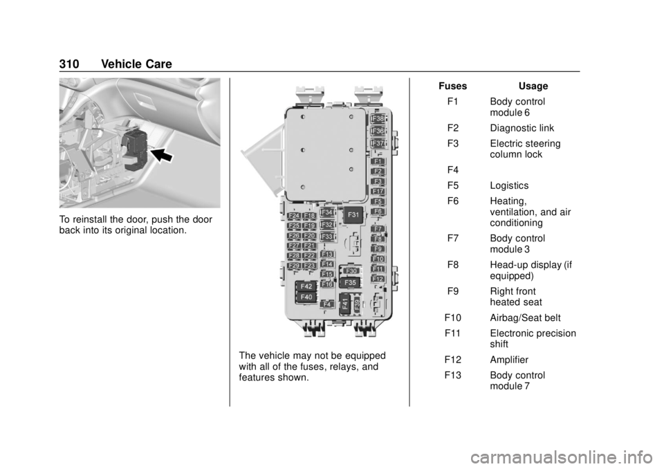 GMC ACADIA 2018 Owners Manual GMC Acadia/Acadia Denali Owner Manual (GMNA-Localizing-U.S./Canada/
Mexico-11349114) - 2018 - crc - 9/21/17
310 Vehicle Care
To reinstall the door, push the door
back into its original location.
The v GMC ACADIA 2018 Owners Manual GMC Acadia/Acadia Denali Owner Manual (GMNA-Localizing-U.S./Canada/
Mexico-11349114) - 2018 - crc - 9/21/17
310 Vehicle Care
To reinstall the door, push the door
back into its original location.
The v