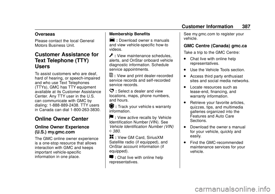 GMC ACADIA 2018 Owners Guide GMC Acadia/Acadia Denali Owner Manual (GMNA-Localizing-U.S./Canada/
Mexico-11349114) - 2018 - crc - 9/21/17
Customer Information 387
Overseas
Please contact the local General
Motors Business Unit.
Cus