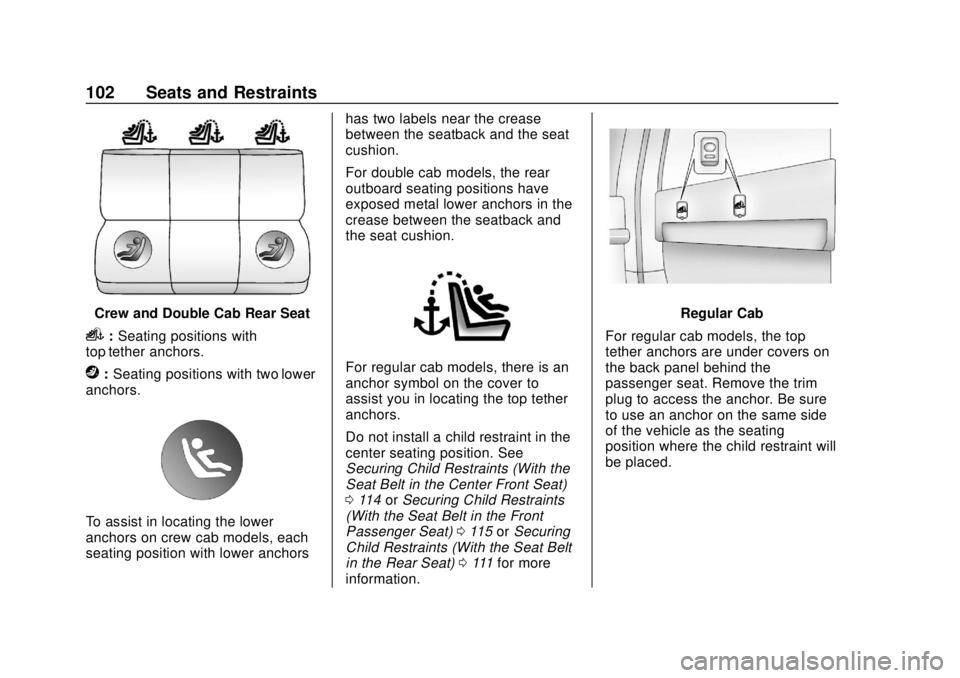 GMC SIERRA 2018 Owners Guide GMC Sierra/Sierra Denali Owner Manual (GMNA-Localizing-U.S./Canada/
Mexico-11349177) - 2018 - CRC - 10/17/17
102 Seats and Restraints
Crew and Double Cab Rear Seat
i:Seating positions with
top tether 