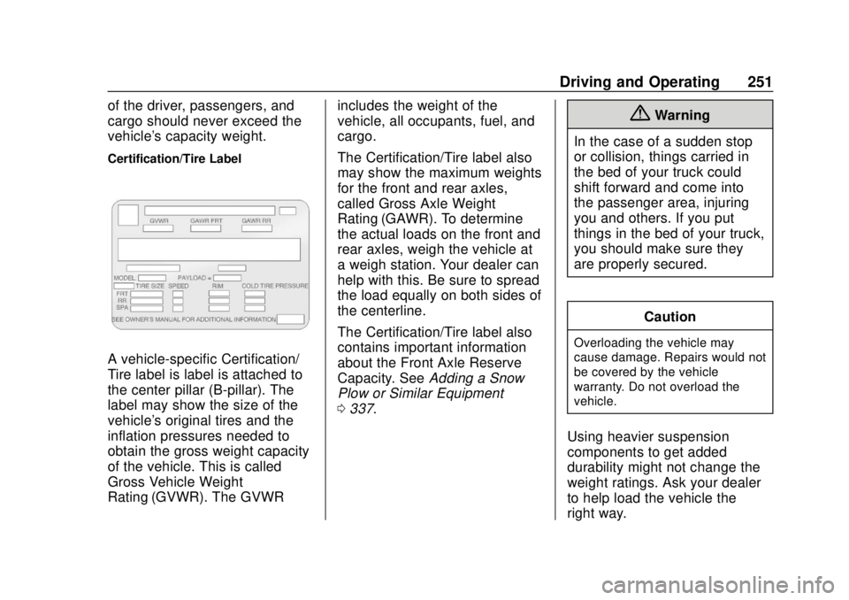 GMC SIERRA 2018  Owners Manual GMC Sierra/Sierra Denali Owner Manual (GMNA-Localizing-U.S./Canada/
Mexico-11349177) - 2018 - CRC - 10/17/17
Driving and Operating 251
of the driver, passengers, and
cargo should never exceed the
vehi