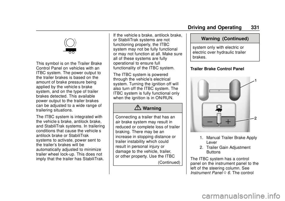 GMC SIERRA 2018  Owners Manual GMC Sierra/Sierra Denali Owner Manual (GMNA-Localizing-U.S./Canada/
Mexico-11349177) - 2018 - CRC - 10/17/17
Driving and Operating 331
This symbol is on the Trailer Brake
Control Panel on vehicles wit