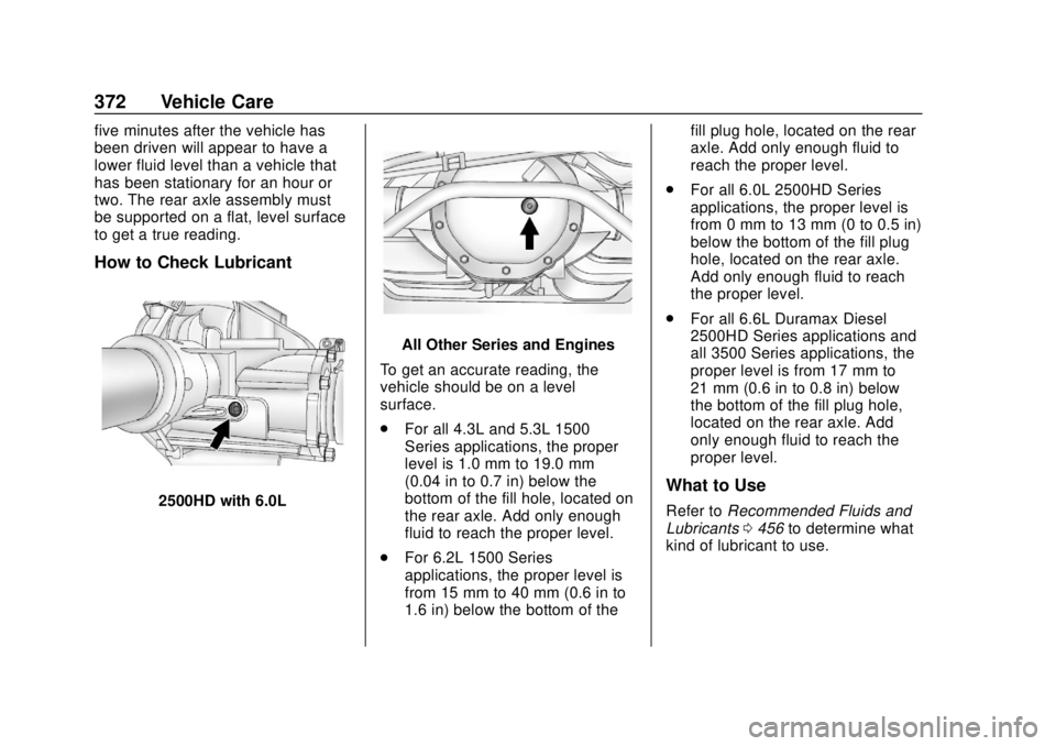 GMC SIERRA 2018 Owners Manual GMC Sierra/Sierra Denali Owner Manual (GMNA-Localizing-U.S./Canada/
Mexico-11349177) - 2018 - CRC - 10/17/17
372 Vehicle Care
five minutes after the vehicle has
been driven will appear to have a
lower GMC SIERRA 2018 Owners Manual GMC Sierra/Sierra Denali Owner Manual (GMNA-Localizing-U.S./Canada/
Mexico-11349177) - 2018 - CRC - 10/17/17
372 Vehicle Care
five minutes after the vehicle has
been driven will appear to have a
lower