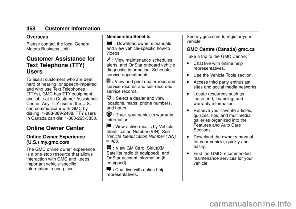GMC SIERRA 2018 User Guide GMC Sierra/Sierra Denali Owner Manual (GMNA-Localizing-U.S./Canada/
Mexico-11349177) - 2018 - CRC - 10/17/17
468 Customer Information
Overseas
Please contact the local General
Motors Business Unit.
Cu