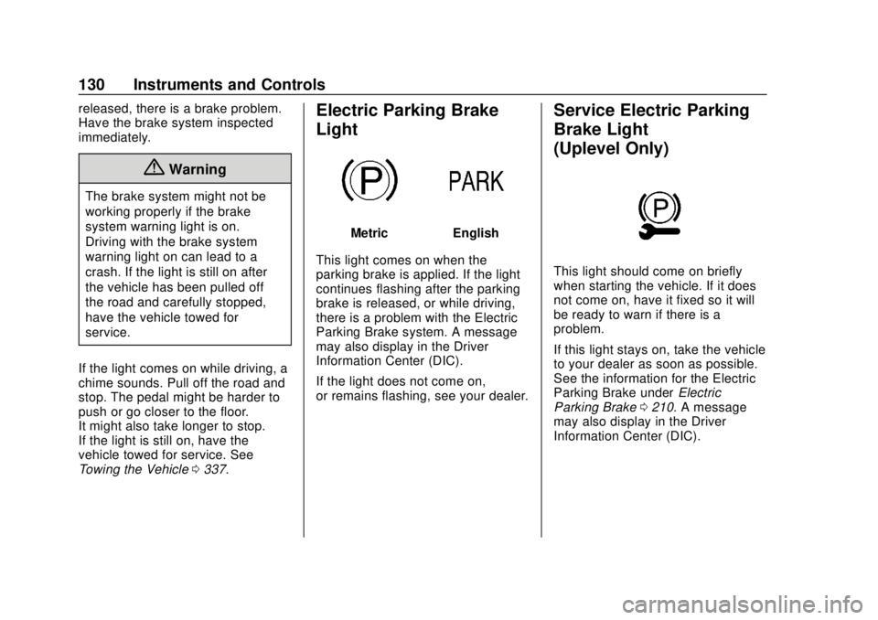 GMC TERRAIN 2018 Owners Manual GMC Terrain/Terrain Denali Owner Manual (GMNA-Localizing-U.S./Canada/
Mexico-10664916) - 2018 - crc - 9/15/17
130 Instruments and Controls
released, there is a brake problem.
Have the brake system ins GMC TERRAIN 2018 Owners Manual GMC Terrain/Terrain Denali Owner Manual (GMNA-Localizing-U.S./Canada/
Mexico-10664916) - 2018 - crc - 9/15/17
130 Instruments and Controls
released, there is a brake problem.
Have the brake system ins