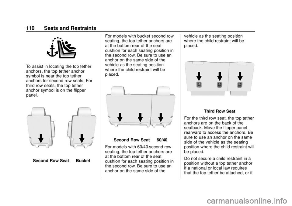 GMC YUKON 2018 Owners Manual GMC Yukon/Yukon XL/Denali Owner Manual (GMNA-Localizing-U.S./
Canada/Mexico-11349262) - 2018 - CRC - 11/3/17
110 Seats and Restraints
To assist in locating the top tether
anchors, the top tether ancho GMC YUKON 2018 Owners Manual GMC Yukon/Yukon XL/Denali Owner Manual (GMNA-Localizing-U.S./
Canada/Mexico-11349262) - 2018 - CRC - 11/3/17
110 Seats and Restraints
To assist in locating the top tether
anchors, the top tether ancho