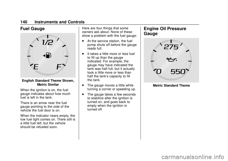 GMC YUKON 2018  Owners Manual GMC Yukon/Yukon XL/Denali Owner Manual (GMNA-Localizing-U.S./
Canada/Mexico-11349262) - 2018 - CRC - 11/3/17
140 Instruments and Controls
Fuel Gauge
English Standard Theme Shown,Metric Similar
When th