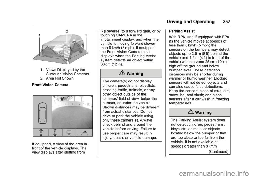 GMC ACADIA 2017 User Guide GMC Acadia/Acadia Denali Owner Manual (GMNA-Localizing-U.S./Canada/
Mexico-9803770) - 2017 - crc - 7/12/16
Driving and Operating 257
1. Views Displayed by theSurround Vision Cameras
2. Area Not Shown
