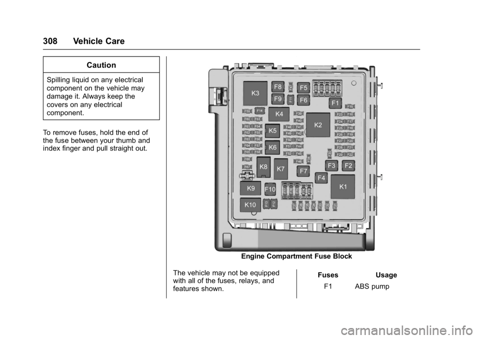 GMC ACADIA 2017  Owners Manual GMC Acadia/Acadia Denali Owner Manual (GMNA-Localizing-U.S./Canada/
Mexico-9803770) - 2017 - crc - 7/12/16
308 Vehicle Care
Caution
Spilling liquid on any electrical
component on the vehicle may
damag