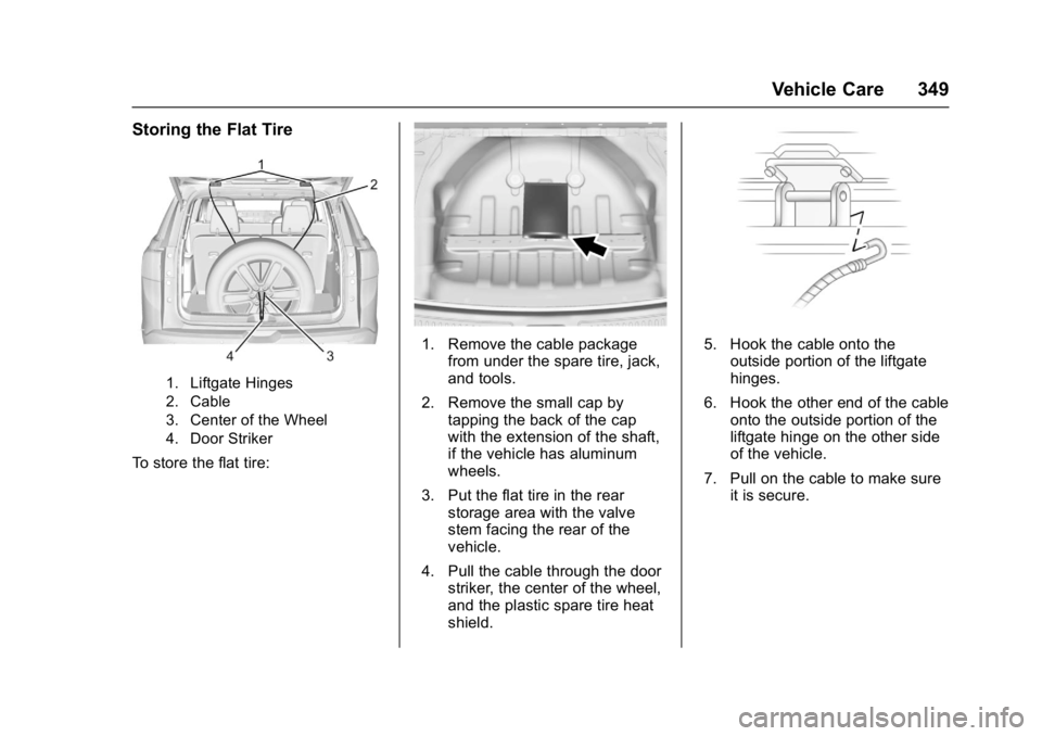 GMC ACADIA 2017  Owners Manual GMC Acadia/Acadia Denali Owner Manual (GMNA-Localizing-U.S./Canada/
Mexico-9803770) - 2017 - crc - 7/12/16
Vehicle Care 349
Storing the Flat Tire
1. Liftgate Hinges
2. Cable
3. Center of the Wheel
4. 