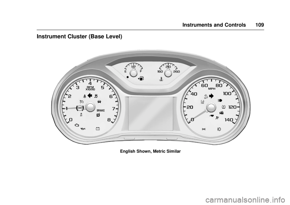 GMC CANYON 2017 Owners Manual GMC Canyon Owner Manual (GMNA-Localizing-U.S./Canada-10122677) -
2017 - crc - 1/20/17
Instruments and Controls 109
Instrument Cluster (Base Level)
English Shown, Metric Similar GMC CANYON 2017 Owners Manual GMC Canyon Owner Manual (GMNA-Localizing-U.S./Canada-10122677) -
2017 - crc - 1/20/17
Instruments and Controls 109
Instrument Cluster (Base Level)
English Shown, Metric Similar