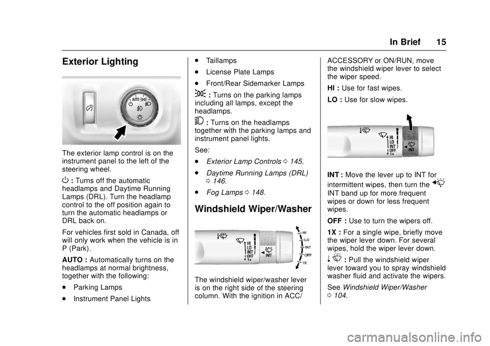 GMC CANYON 2017 User Guide GMC Canyon Owner Manual (GMNA-Localizing-U.S./Canada-10122677) -
2017 - crc - 1/20/17
In Brief 15
Exterior Lighting
The exterior lamp control is on the
instrument panel to the left of the
steering whe