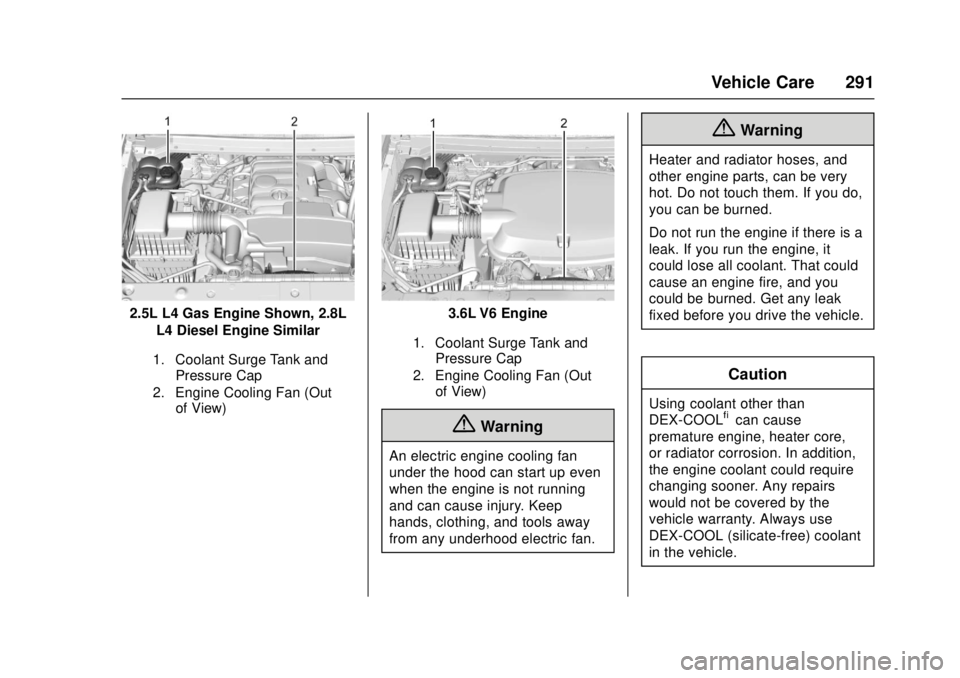 GMC CANYON 2017  Owners Manual GMC Canyon Owner Manual (GMNA-Localizing-U.S./Canada-10122677) -
2017 - crc - 1/20/17
Vehicle Care 291
2.5L L4 Gas Engine Shown, 2.8LL4 Diesel Engine Similar
1. Coolant Surge Tank andPressure Cap
2. E
